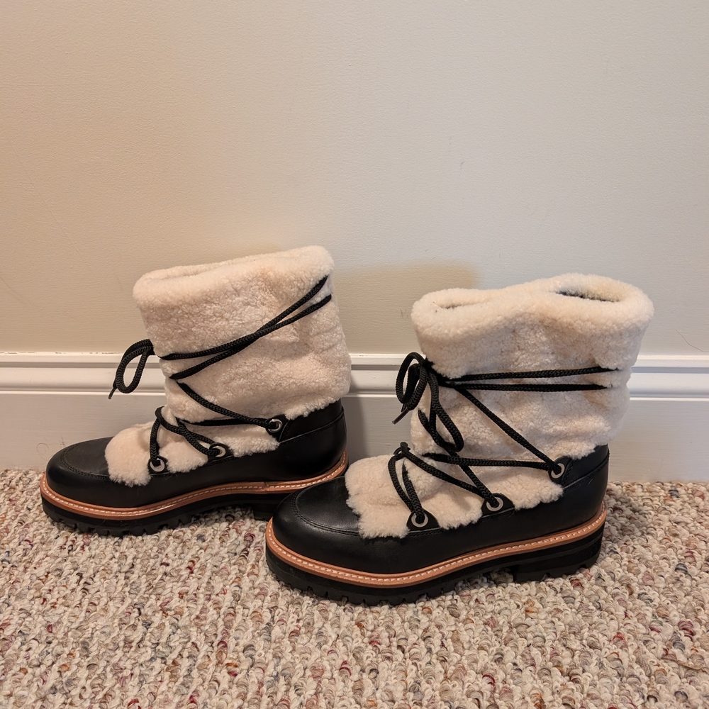 Marc Fisher Black Lug-Sole Ankle Boots with Tan Trim - Picture 3 of 7